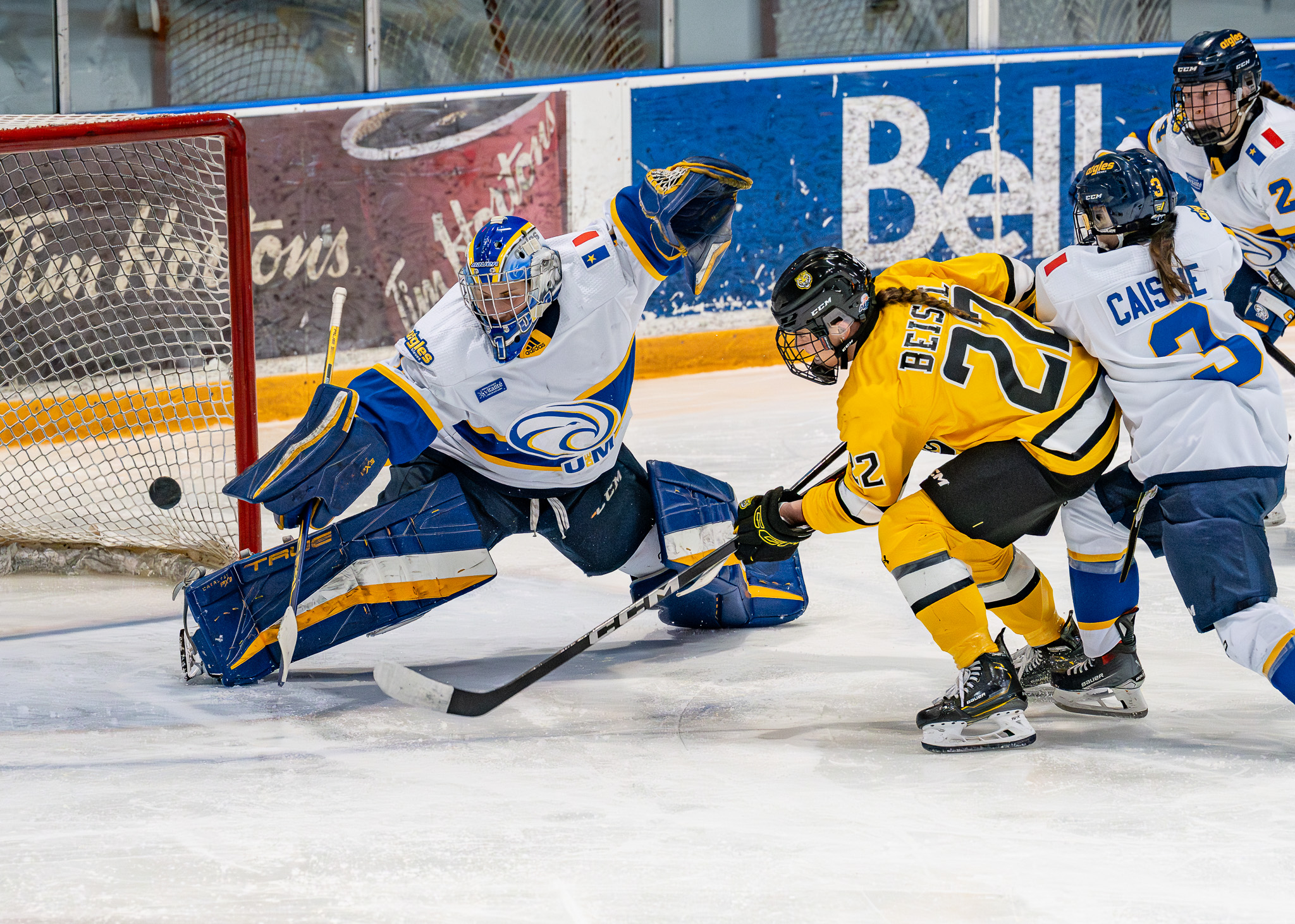 Dalhousie Tigers women’s hockey forward scores a goal against Université de Moncton as the puck crosses the goal line during an AUS game in Halifax, Nova Scotia.