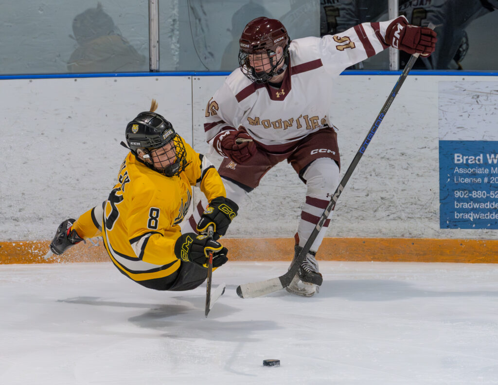 Dalhousie Tigers forward is lifted off the ice while battling a Mount Allison Mounties player for the puck during an AUS women's hockey game.