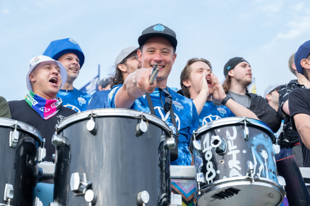Halifax Wanderers supporters lead chants with drums during a Canadian Premier League (CPL) match at the Wanderers Grounds in Halifax, Nova Scotia.