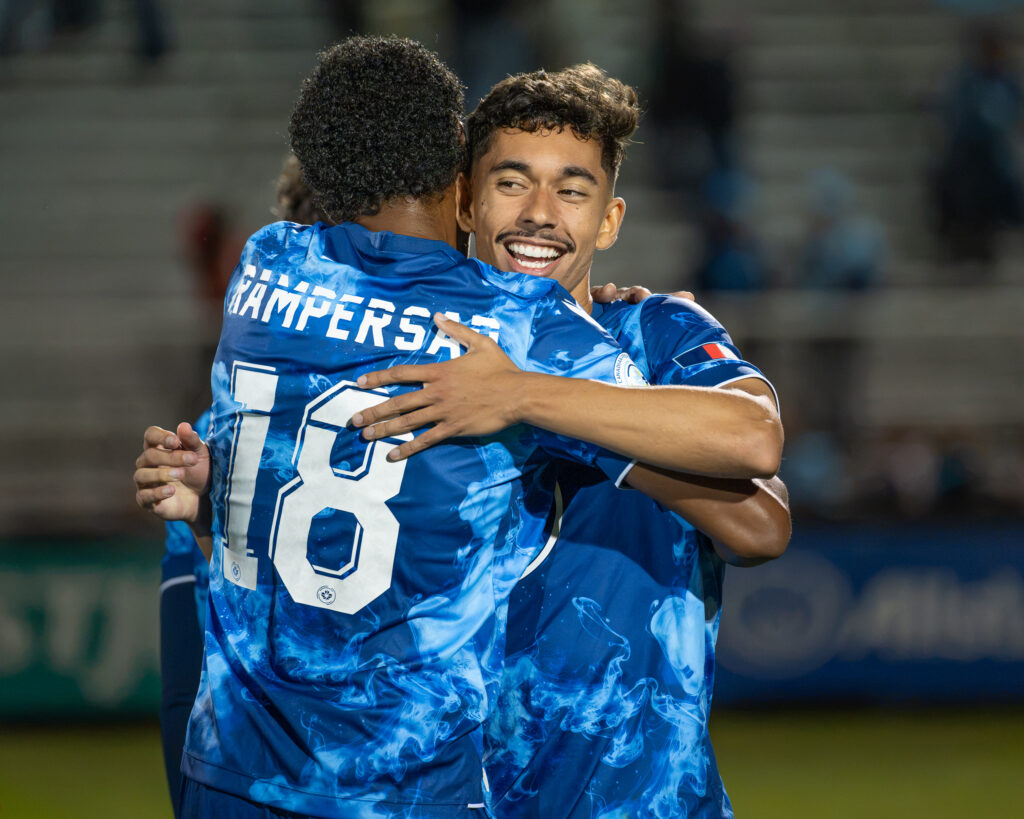 Halifax Wanderers FC teammates celebrate together following a Canadian Premier League (CPL) victory over Valour FC at the Wanderers Grounds in Halifax, Nova Scotia.