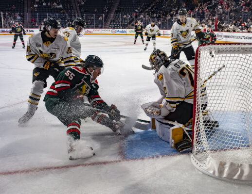 Halifax Mooseheads forward attempts to score against the Victoriaville Tigres goaltender during a Quebec Maritimes Junior Hockey League (QMJHL) game in Halifax, Nova Scotia.